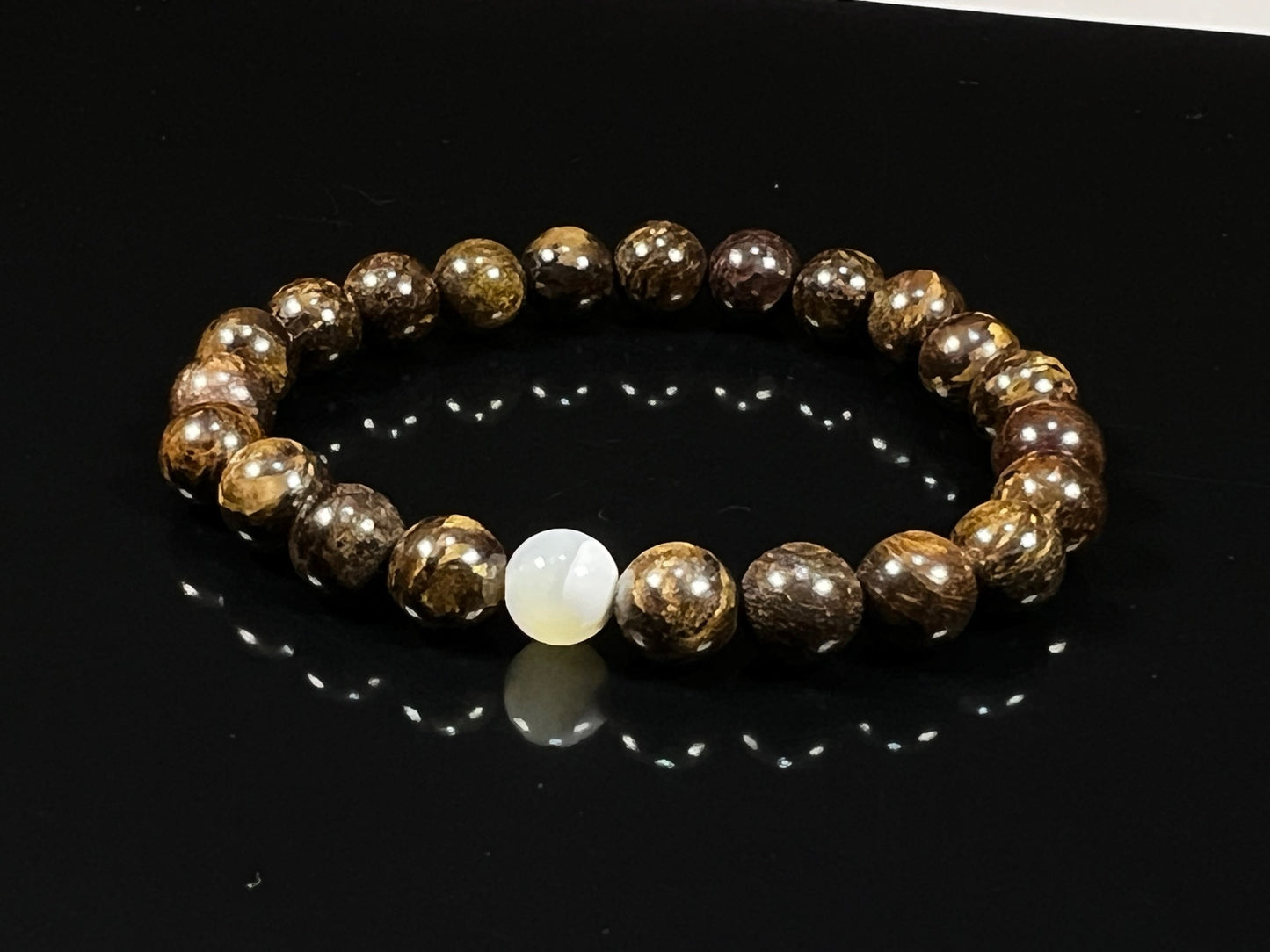 Balance & Harmony: Bronzite & Mother of Pearl Stretch Bracelet (8mm Beads) - Taurus & Gemini Birthstones