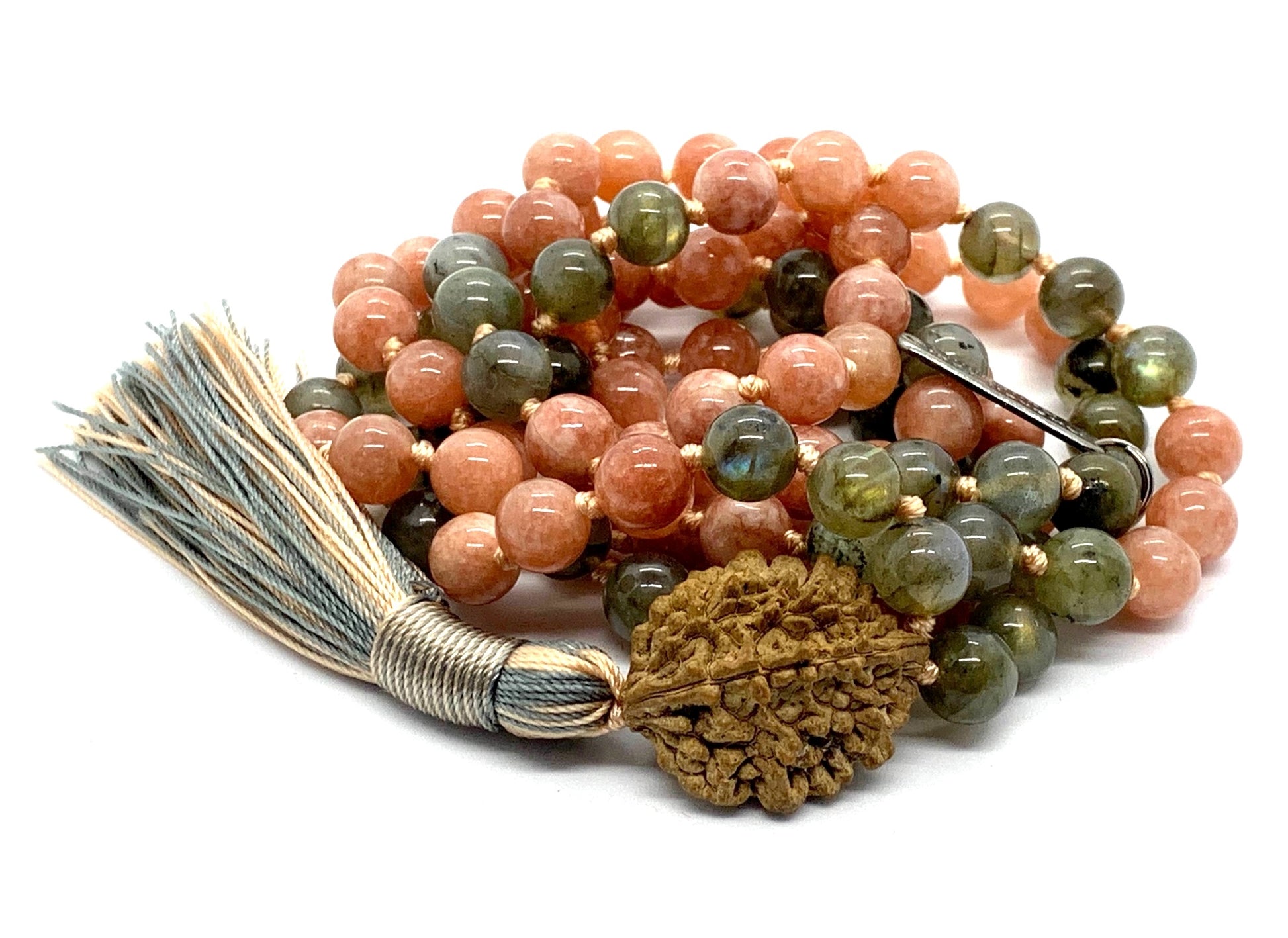 Close-up view of Sunstone Labradorite 2 Mukhi Mala beads showing natural gemstone fire and labradorescence