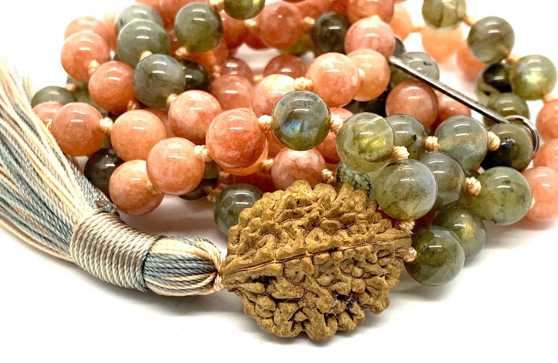 Hand-knotted 108 bead Sunstone Labradorite 2 Mukhi Mala for solar plexus and third eye chakra alignment