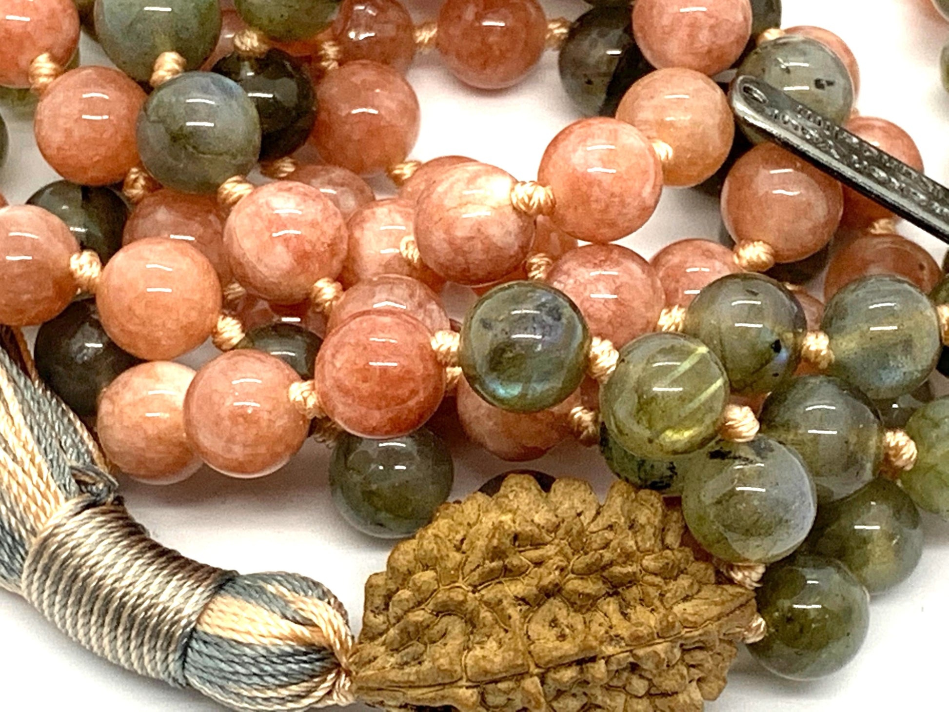 Sunstone Labradorite 2 Mukhi Mala Necklace worn as luxury spiritual jewelry for confidence and clarity