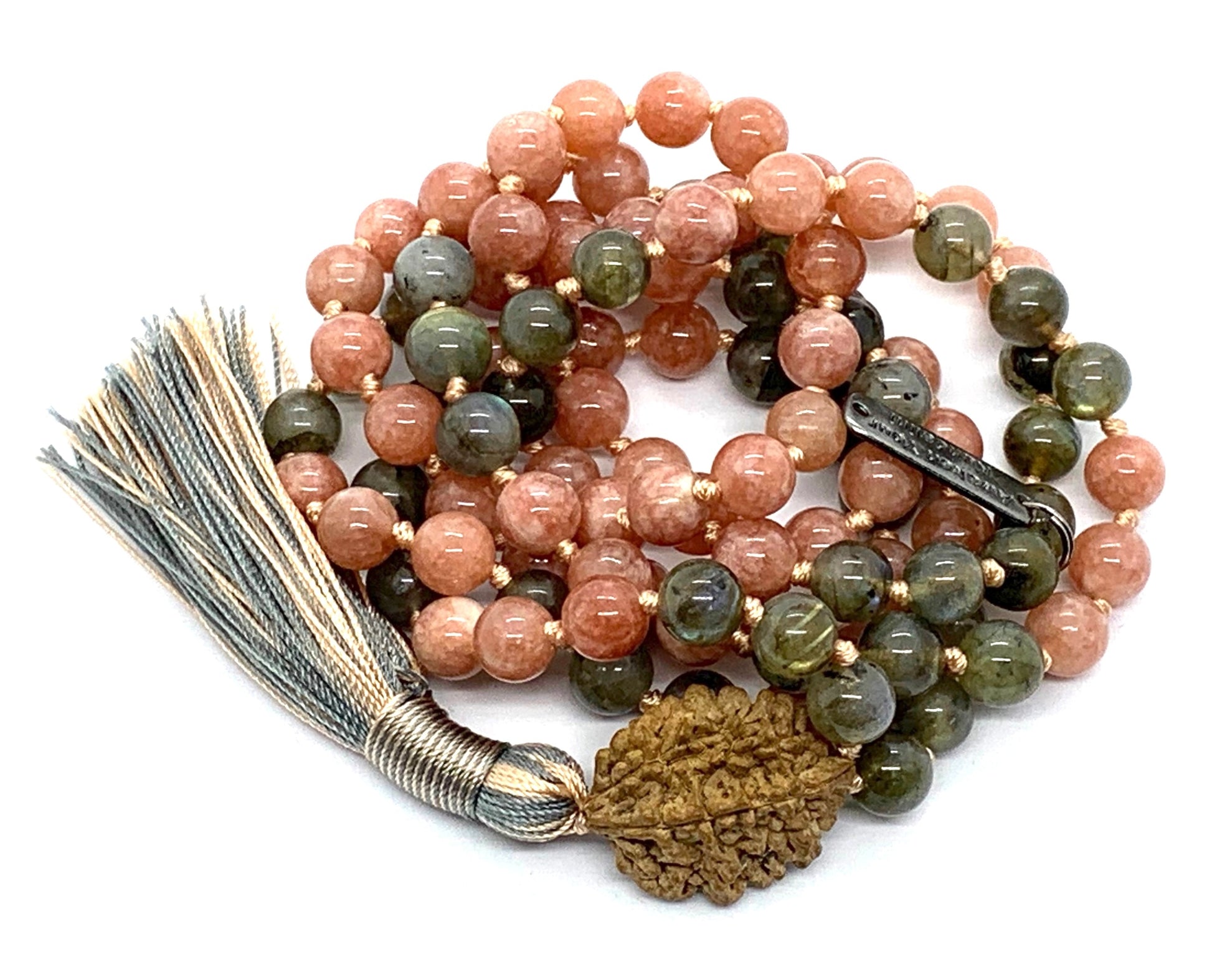 Detail shot of genuine 2 Mukhi Rudraksha with Sunstone and Labradorite beads for inner harmony