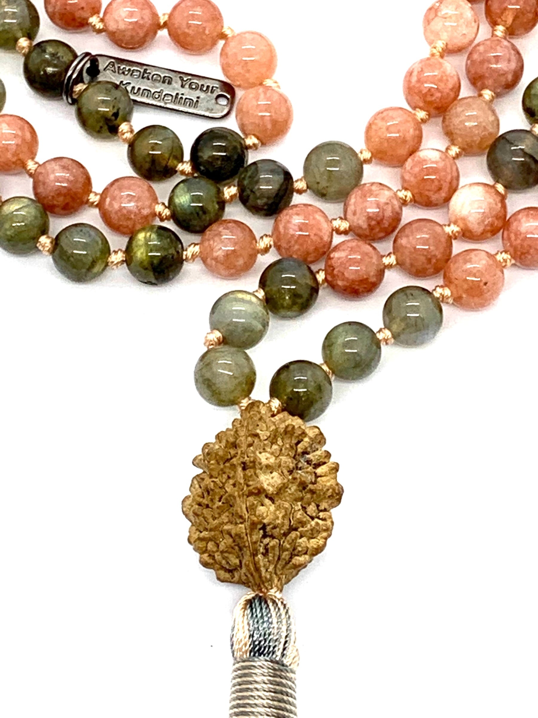 ADITYA ALOKA Collection Sunstone Labradorite Mala showing Boston atelier craftsmanship and elegant drape