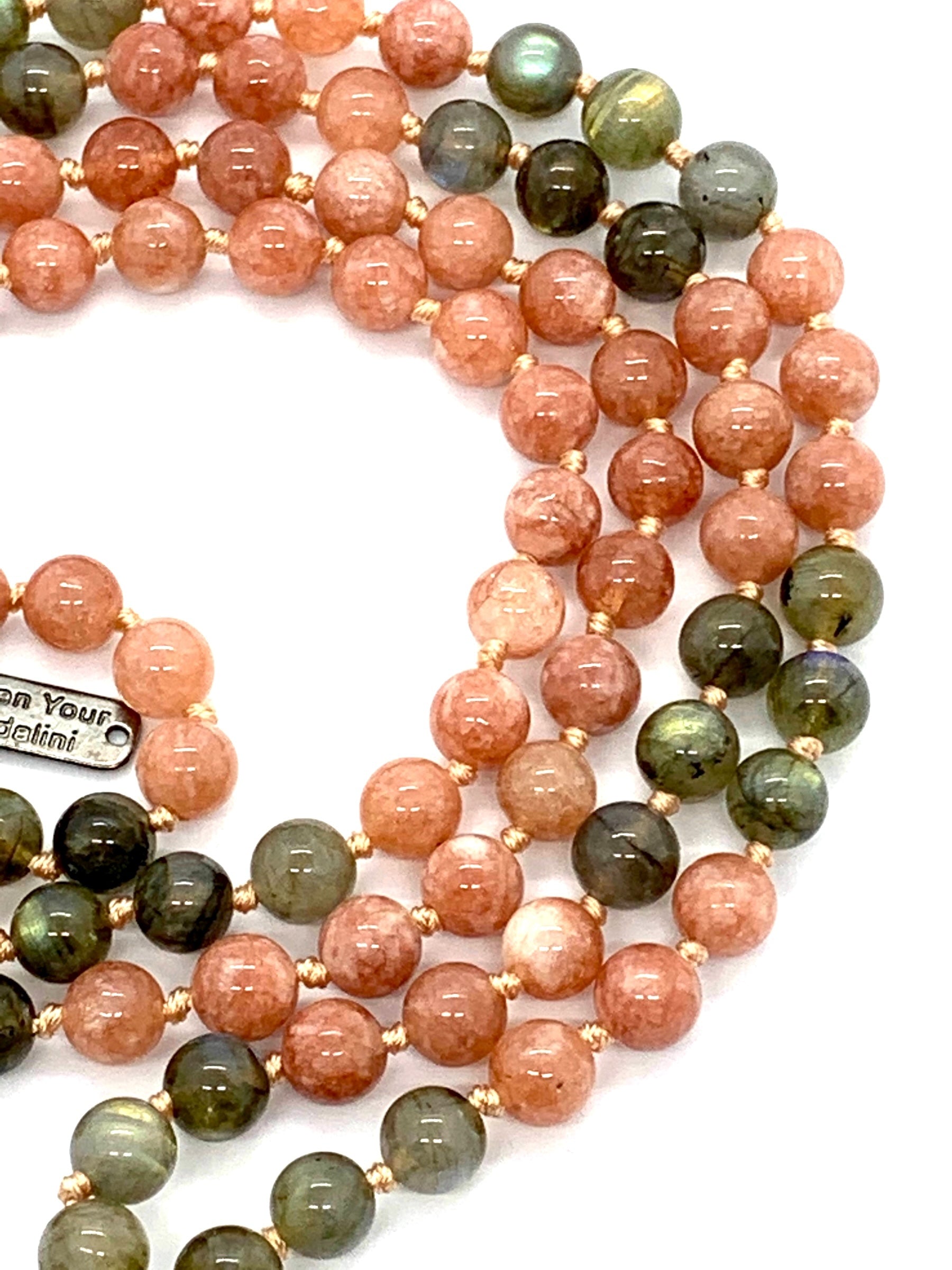 Complete view of 108 bead Sunstone Labradorite 2 Mukhi Mala for leadership courage and intuitive clarity