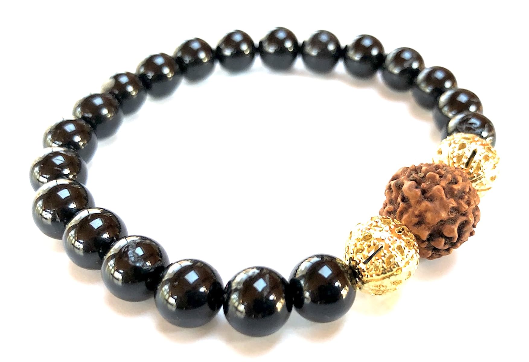 Black Tourmaline Rudraksha Bead Stretch Bracelet 8mm Premium Natural Stone Beads Hand-Knotted VESTA Collection Root Chakra Crown Chakra EMF Protection Abundance Manifestation Prosperity Grounding Healing Meditation Spiritual Protection Sacred Rudraksha Lord Shiva Tears Golden Finish Spacers Handmade USA AYK Awaken Your Kundalini