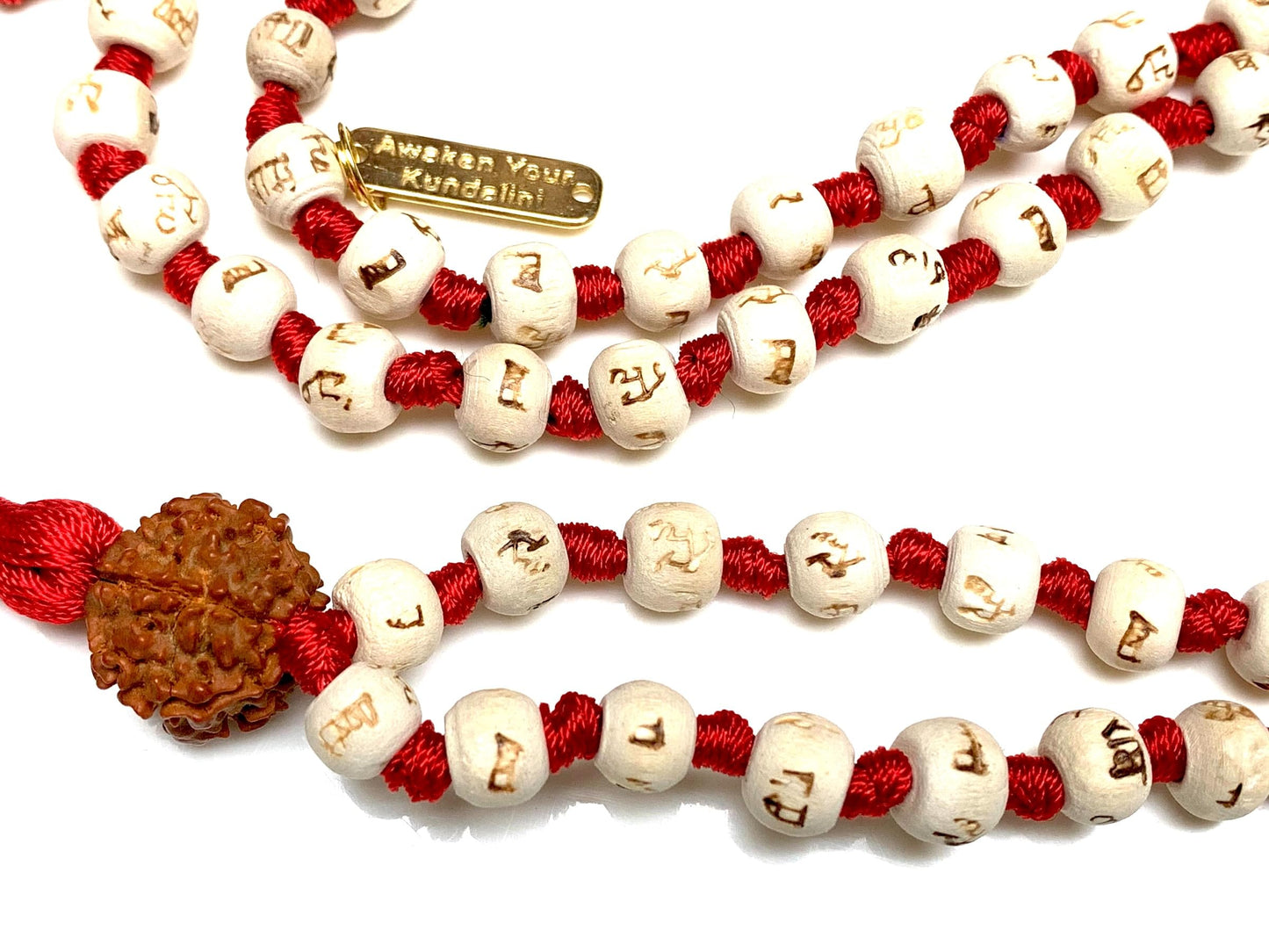Tulsi Mala Beads Necklace w/ 5 Mukhi Rudraksha – 8mm Beads with "Ram" Inscription – Root Chakra & Aries Birthstone – Meditation Jewelry