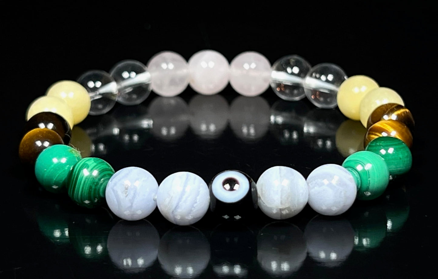 Awaken Your Kundalini Crystals For Happines - Beaded Bracelet - Malachite Tiger's Eye Calcite Blue Lace Agate Rose Quartz Evil Eye - Heart Chakra Stones, Happy Bracelet, Crystals for Joy