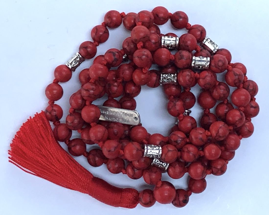 Certified Energized Mala Beads Necklace with COA - Chakra Mala - Japa Mala - 8mm 108 Buddhist Prayer Beads - Meditation Mala - Tassel Necklace – Zodiac/Sun Sign stones (Red Howlite)