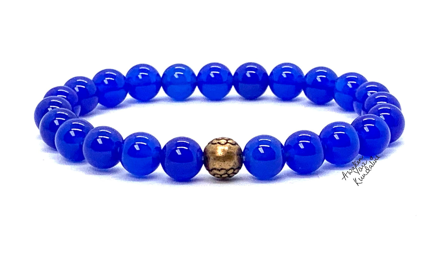 8mm Blue Jade Stretch Bracelet with Center Copper Bead - March Birthstone For Pisces - Throat Chakra Balancing Alignment & Activation