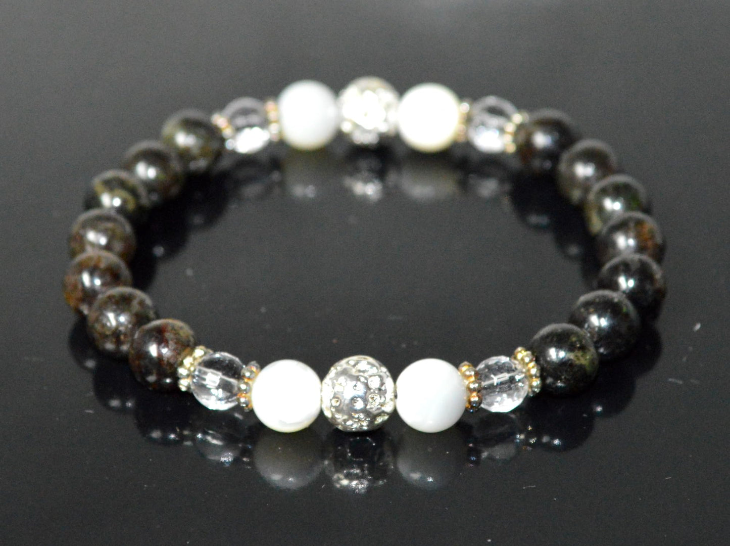 Astrophyllite, Crystal Quartz, Lava & Mother of Pearl Stretch Bracelet - Birthstone for April & June - Zodiac Sun Sign for Aries, Taurus, Gemini Cancer - Crown Chakra