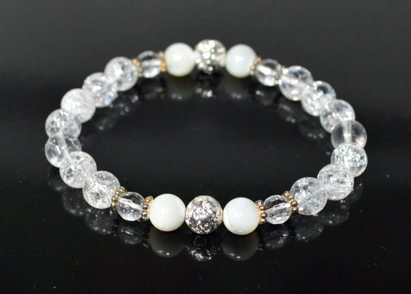 Handmade AAA Crackled and Faceted Crystal Quartz with Mother of Pearl Stretch Bracelet, Gemini Birthstone, May-June Sun Sign, Crown Chakra