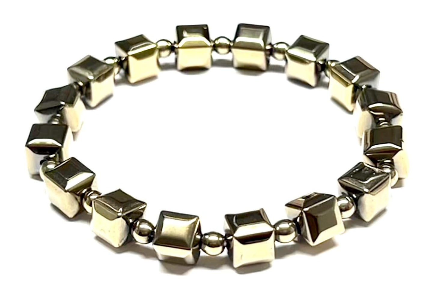 Handmade Pyrite Stretch Bracelet – 8mm Cube and Round Beads – Leo Birthstone – Solar Plexus Chakra – Approx. 7 Inch Wrist Size