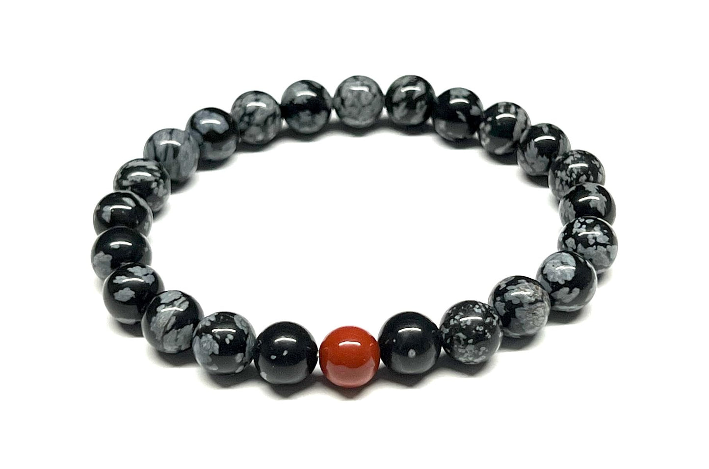 Snowflake Obsidian & Red Jasper Stretch Bracelet - Aries Scorpio Sagittarius Birthstone for March October November December - Root Chakra
