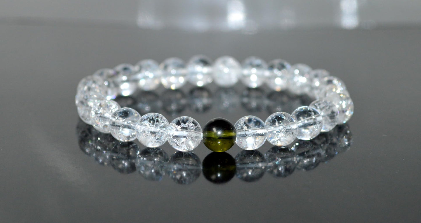 Himalayan Ice Crackled Crystal Quartz and Moldavite Stretch Bracelet – Taurus Birthstone – Universal Sun Sign – Heart Chakra, Spiritual Energy Bracelet