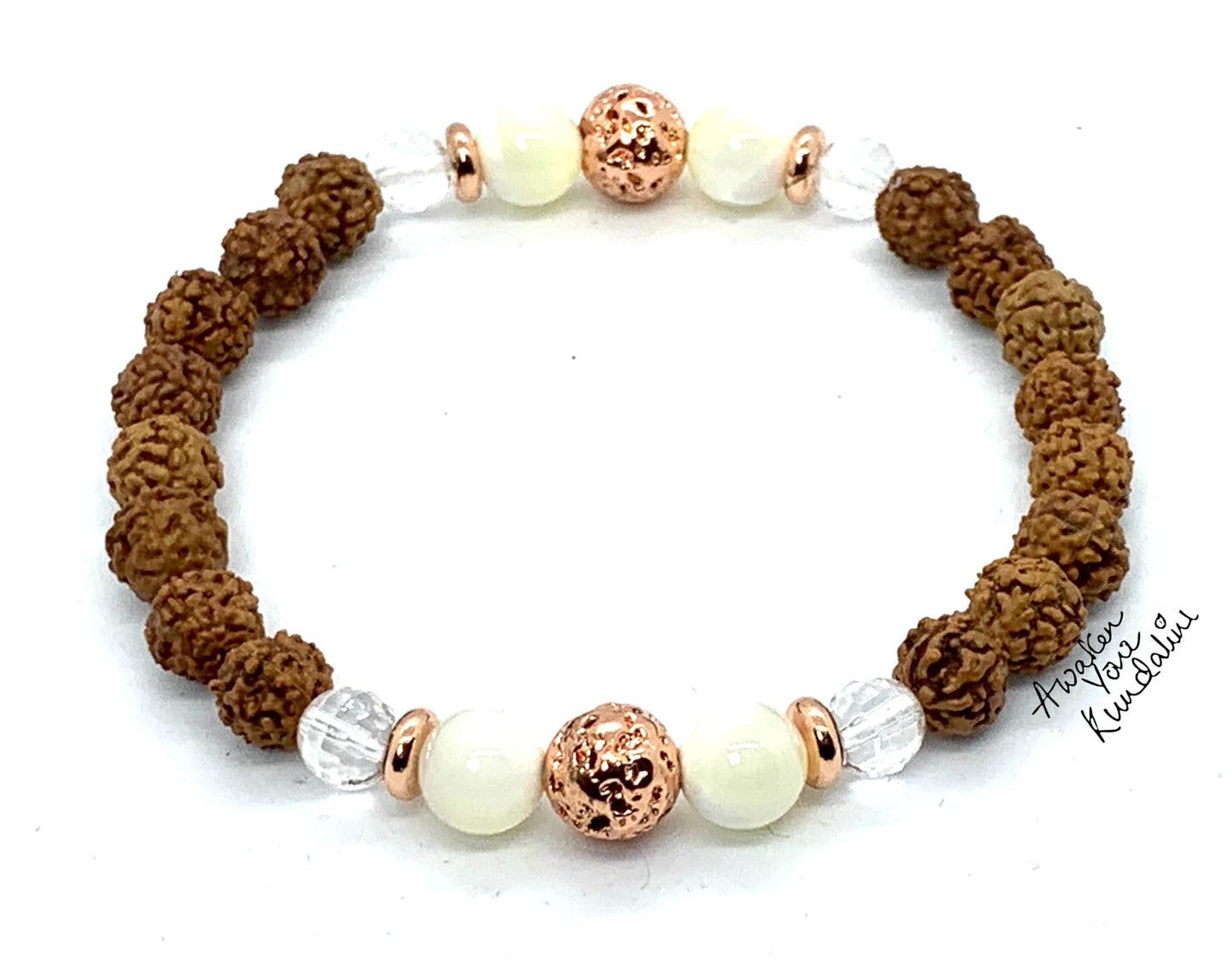 5 Mukhi Chikna Rudraksha, Crystal Quartz, Mother of Pearl and Lava Stretch Bracelet - April Birthstone for Aries, Taurus - Root & Crown Chakra Alignment