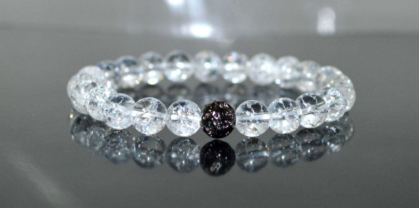 Himalayan Ice Crystal Quartz and Lava Beads Stretch Bracelet – Multi Tone Finish – Aries Birthstone – Universal Sun Sign - Crown Chakra Energy Bracelet