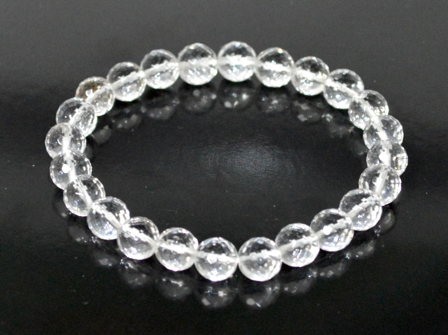 Diamond Cut Crystal Quartz Stretch Bracelet – 6mm & 8mm – April Birthstone for Aries and Taurus Zodiac Sun Sign – Crown Chakra Energy Bracelet