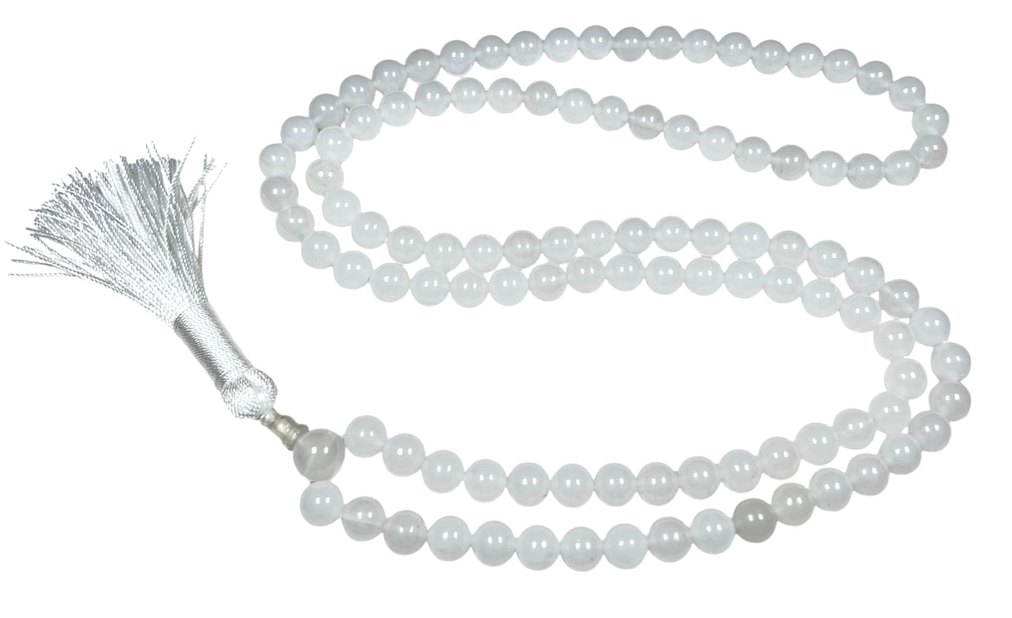 Handmade Pure White Agate Mala Beads Necklace – 8mm 108 Beads – Crown Chakra & Cancer Birthstone – Meditation Jewelry