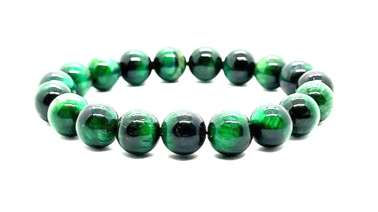 AWAKEN YOUR KUNDALINI Green Tiger's Eye Stretch Bracelet, 8mm Beads, Birthstone for Capricorn, Gemini, Heart Chakra