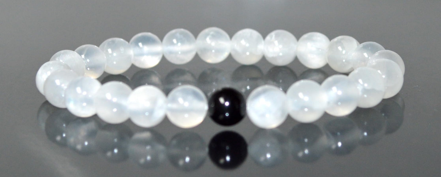 Selenite and Tourmaline Stretch Bracelet – Crown Chakra, Cancerian Birthstone