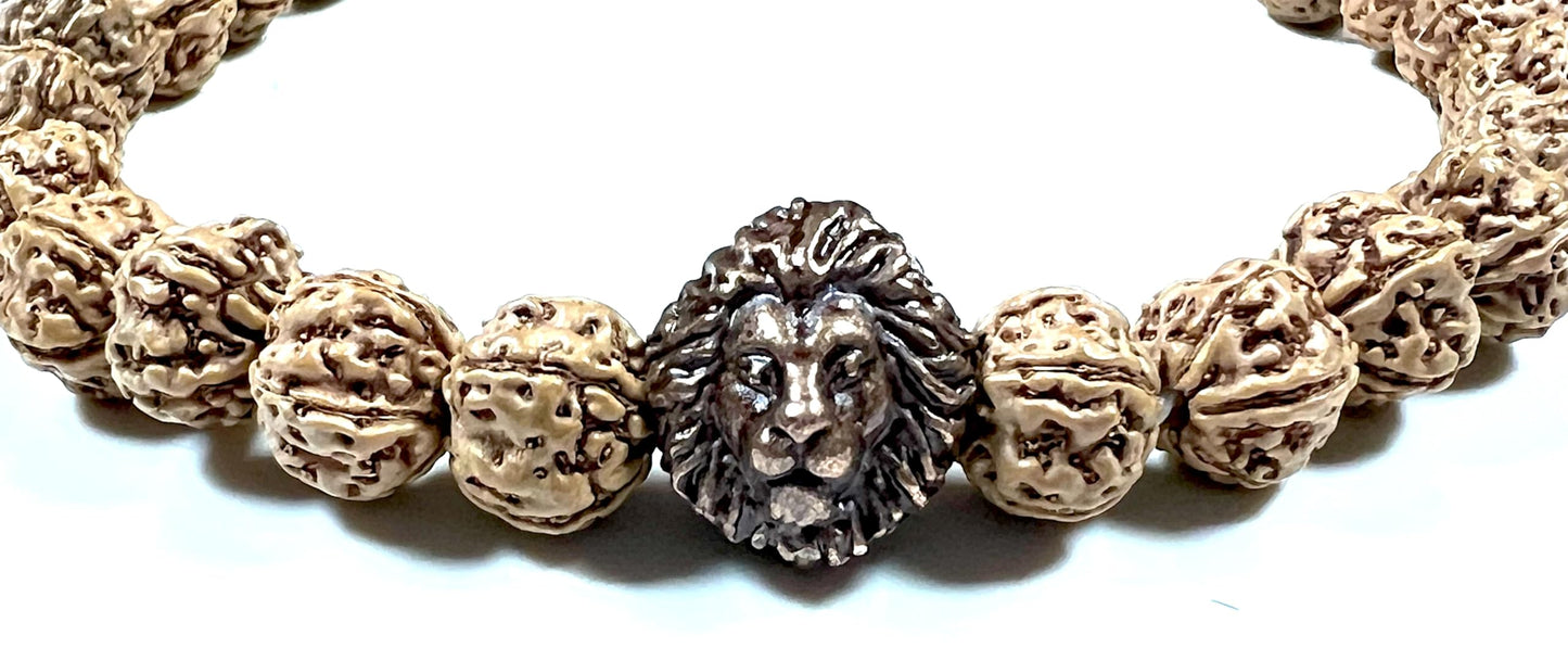 Unleash Inner Strength & Grounding: Handmade 5 Mukhi Rudraksha & Bronze Polished Lion Head Bracelet (8mm) - Root Chakra & Universal Birthstone