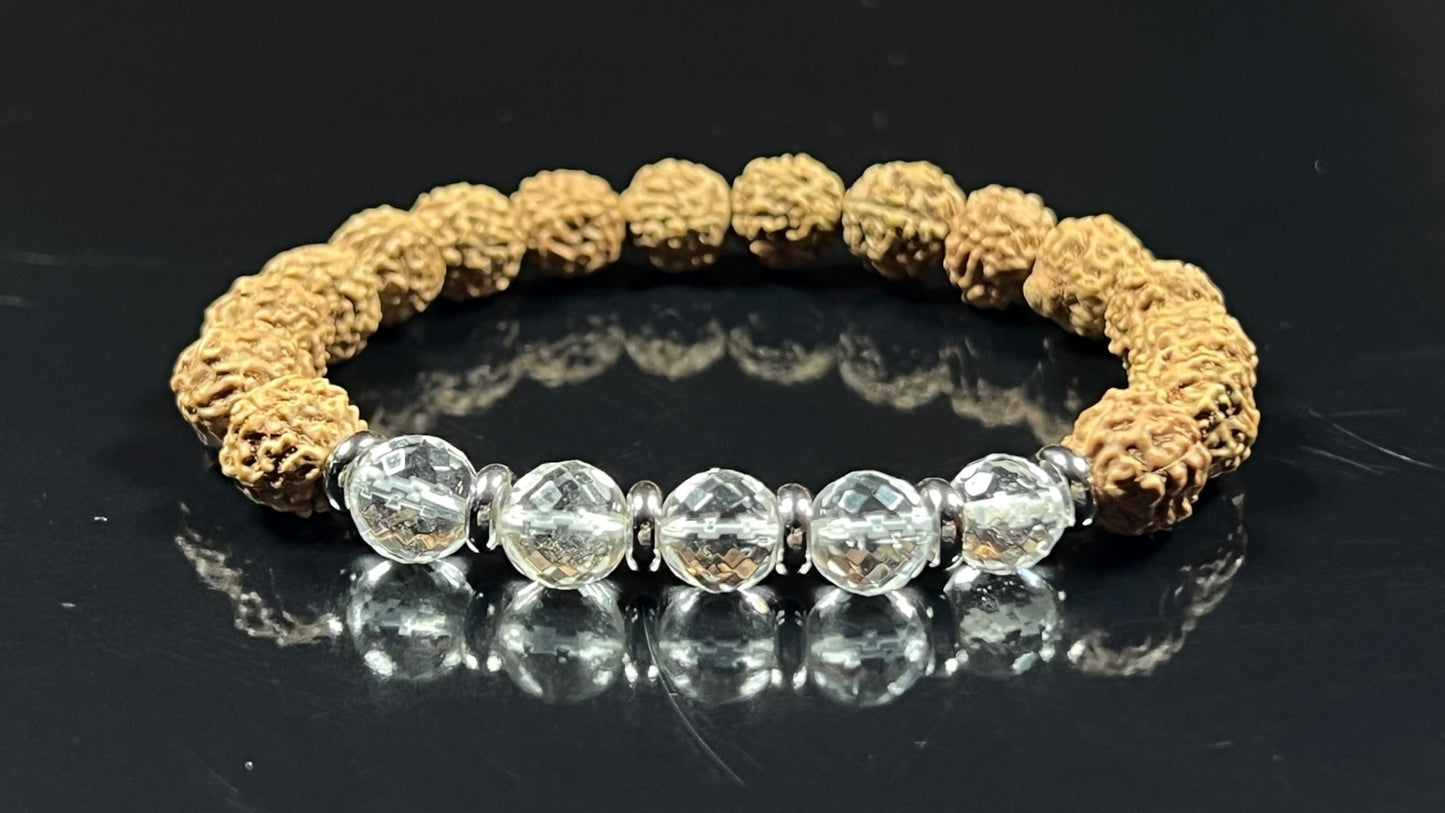 5 Mukhi (five faces) Chikna Rudraksha and Crystal Quartz Stretch Bracelet | Birthstone for April, Taurus Sun Sign | Crown Chakra (Wrist Size 6.5 Inches)