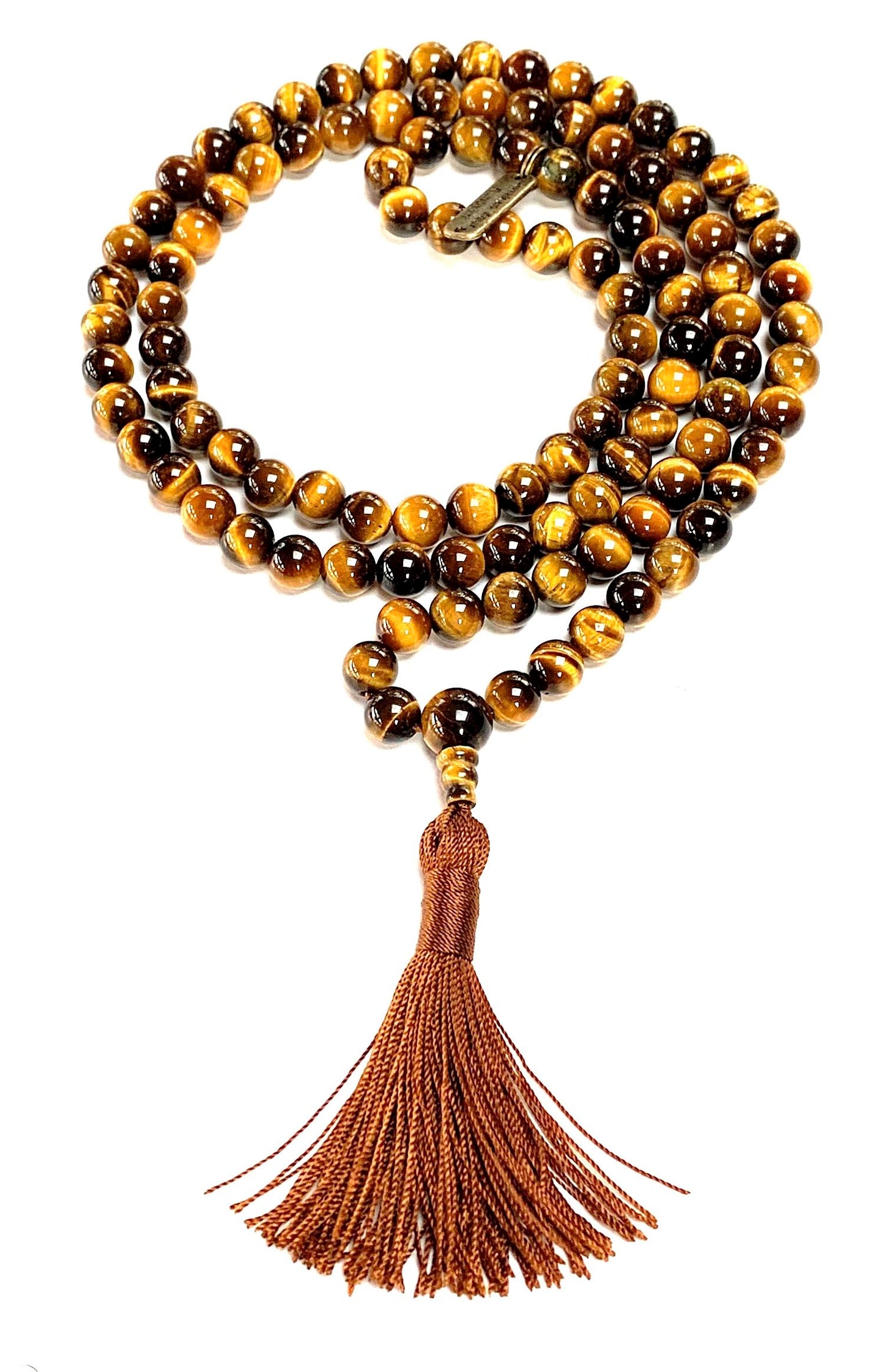 AWAKEN YOUR KUNDALINI Tiger's Eye Mala Beads Necklace - 3rd Chakra Throat Chakra 108 Prayer Beads - Grounding, Will Power, Intuition