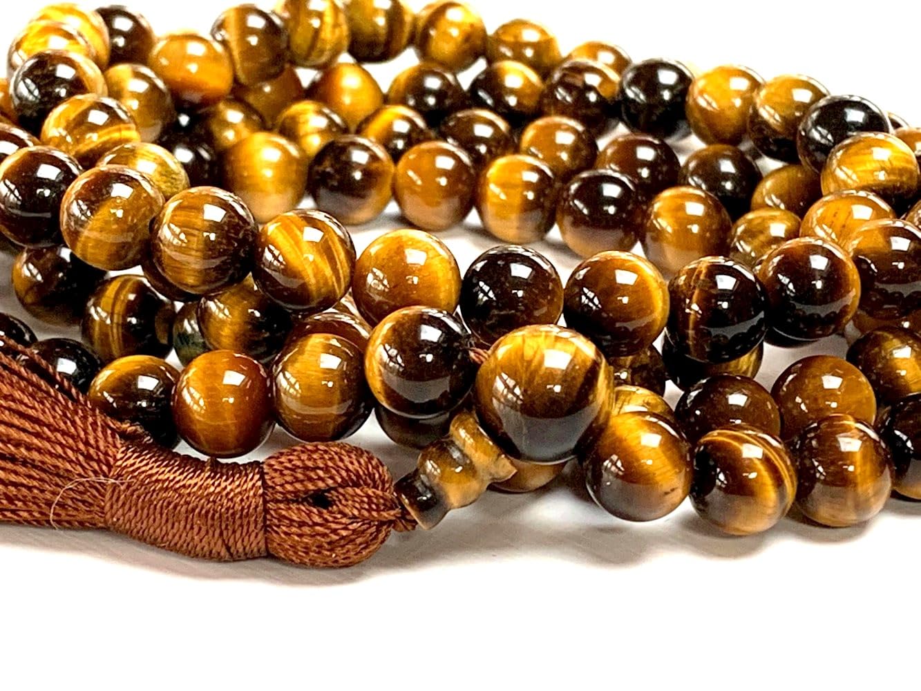 AWAKEN YOUR KUNDALINI Tiger's Eye Mala Beads Necklace - 3rd Chakra Throat Chakra 108 Prayer Beads - Grounding, Will Power, Intuition