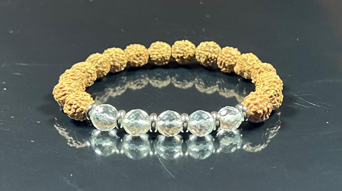 5 Mukhi (five faces) Chikna Rudraksha and Crystal Quartz Stretch Bracelet | Birthstone for April, Taurus Sun Sign | Crown Chakra (Wrist Size 5.5 Inches)