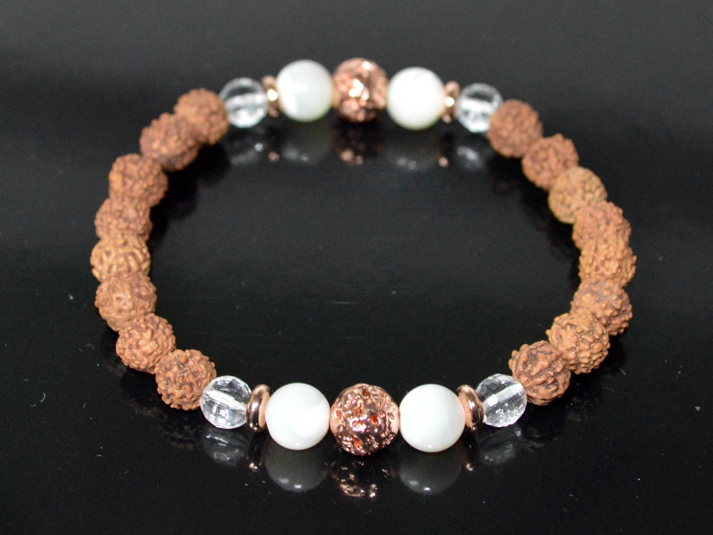 5 Mukhi Chikna Rudraksha, Crystal Quartz, Mother of Pearl and Lava Stretch Bracelet - April Birthstone for Aries, Taurus - Root & Crown Chakra Alignment