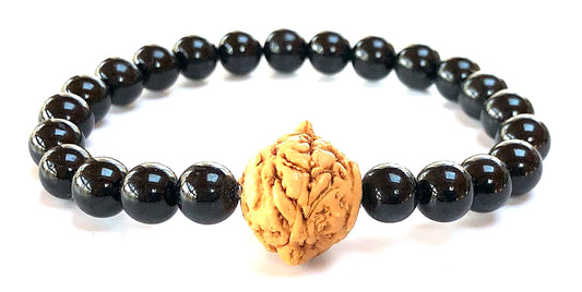 Black Tourmaline & Bodhi Satva Bead Stretch Bracelet – Birthstone for October, Sun Sign Scorpio & Libra, Root Chakra