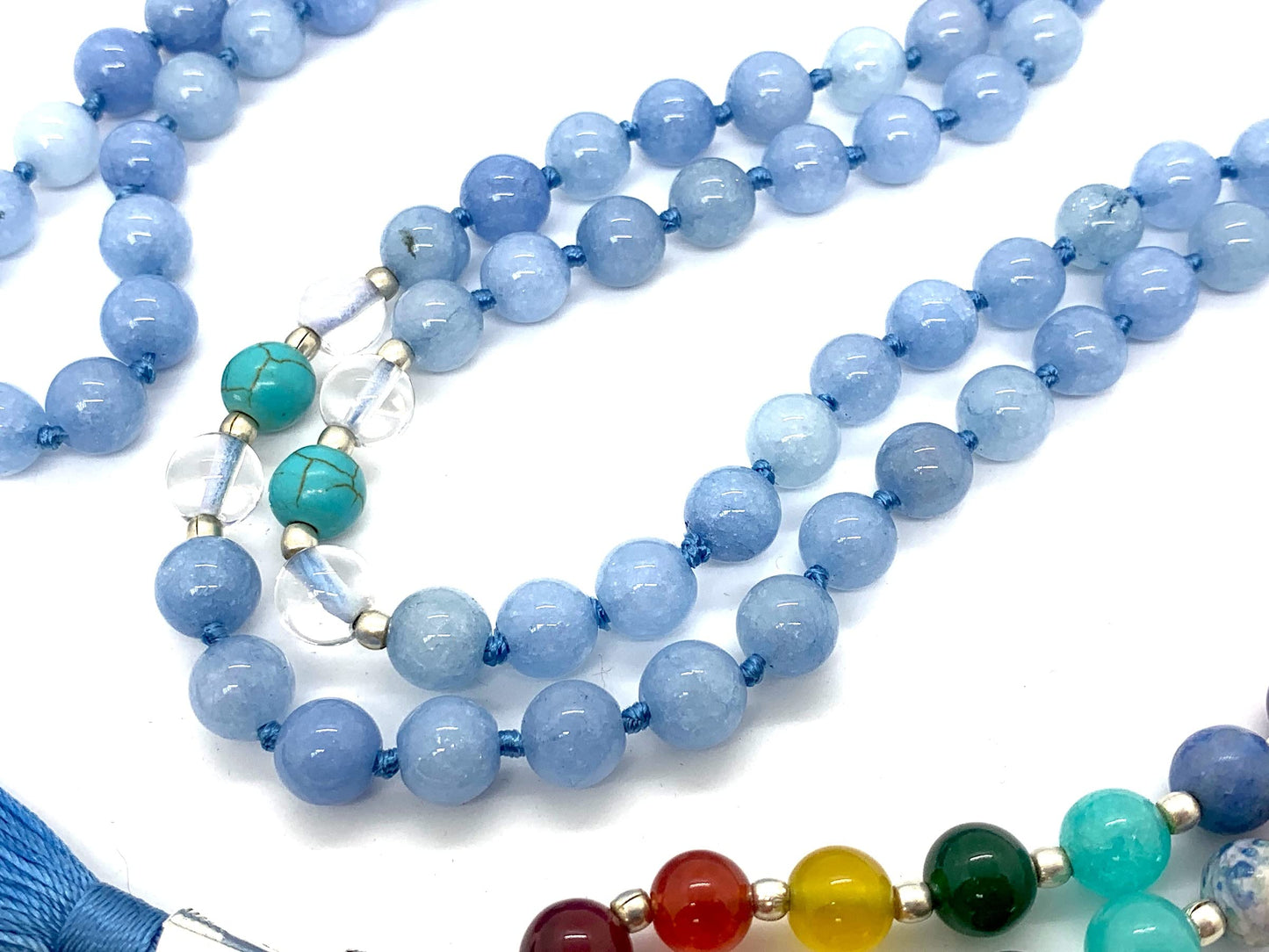 Energized 7 Chakra mala Hand Knotted 108 mala beads necklaces - Japa mala - Buddhist prayer beads - Meditation beads - Healing crystals for men women (Sky Blue Jade 5th chakra Throat chakra mala)
