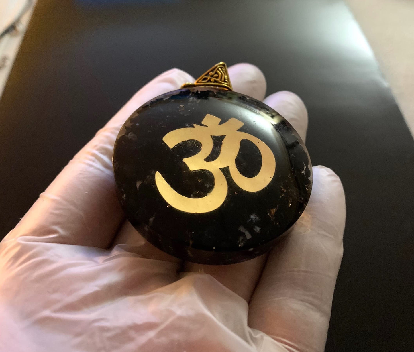Shungite Om Symbol Orgone Pendant Necklace, 2 Inch Diameter, Aquarius Gemstone, Root & Crown Chakra