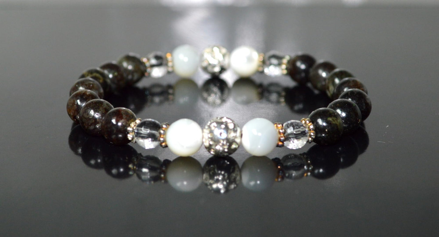 Astrophyllite, Crystal Quartz, Lava & Mother of Pearl Stretch Bracelet - Birthstone for April & June - Zodiac Sun Sign for Aries, Taurus, Gemini Cancer - Crown Chakra