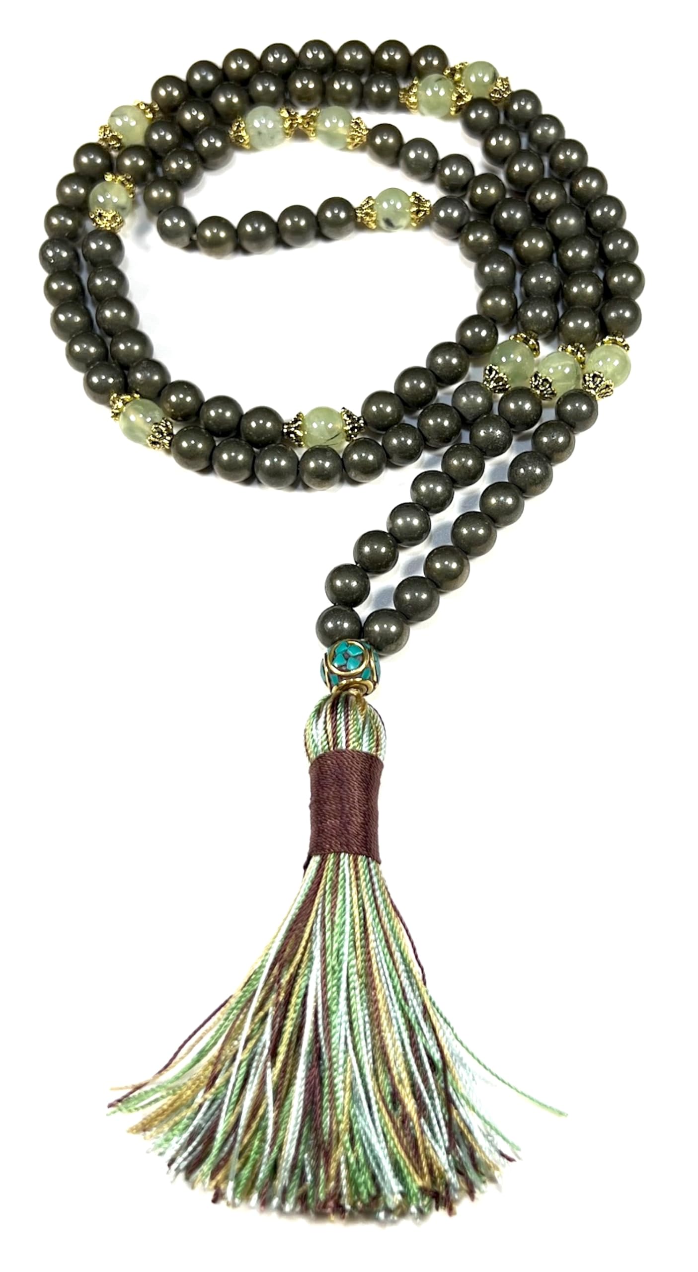 Golden Pyrite Green Prehnite Mala Beads Texture Detail HIRANYA Collection 8mm Natural Stones Dual Chakra Healing Abundance Love Manifestation Spiritual Jewelry Crystal Therapy Handmade USA AYK