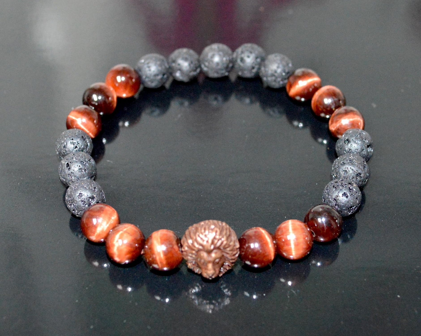 Red Tiger's Eye and Lava Rock Beads Stretch Bracelet with Bronze Finish Lion Head – Root Chakra, Universal Birthstone