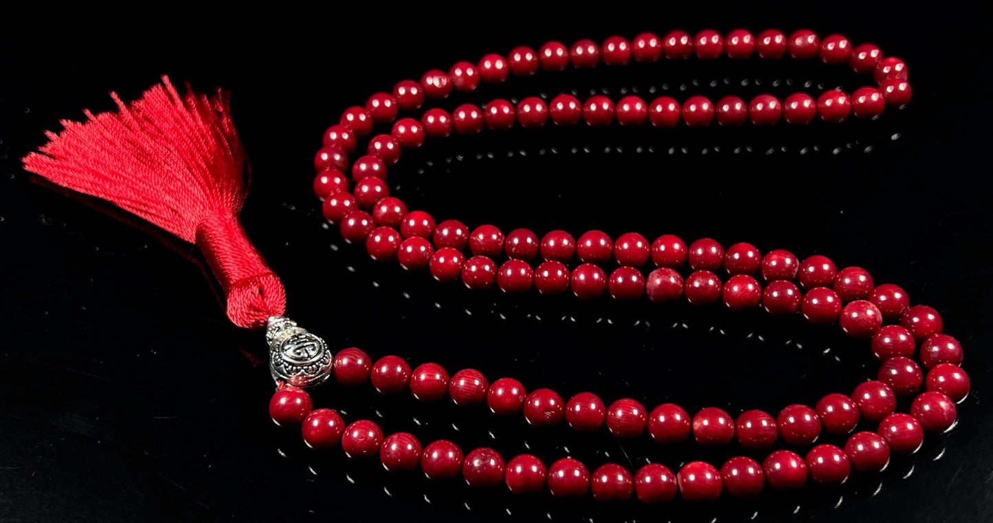 Red coral prayer beads japa mala necklace 6-7mm handmade 108+1 yoga meditation beads. Buddhist karma rosary for nirvana chanting om awakening chakra kundalini - w/Velvet Pouch