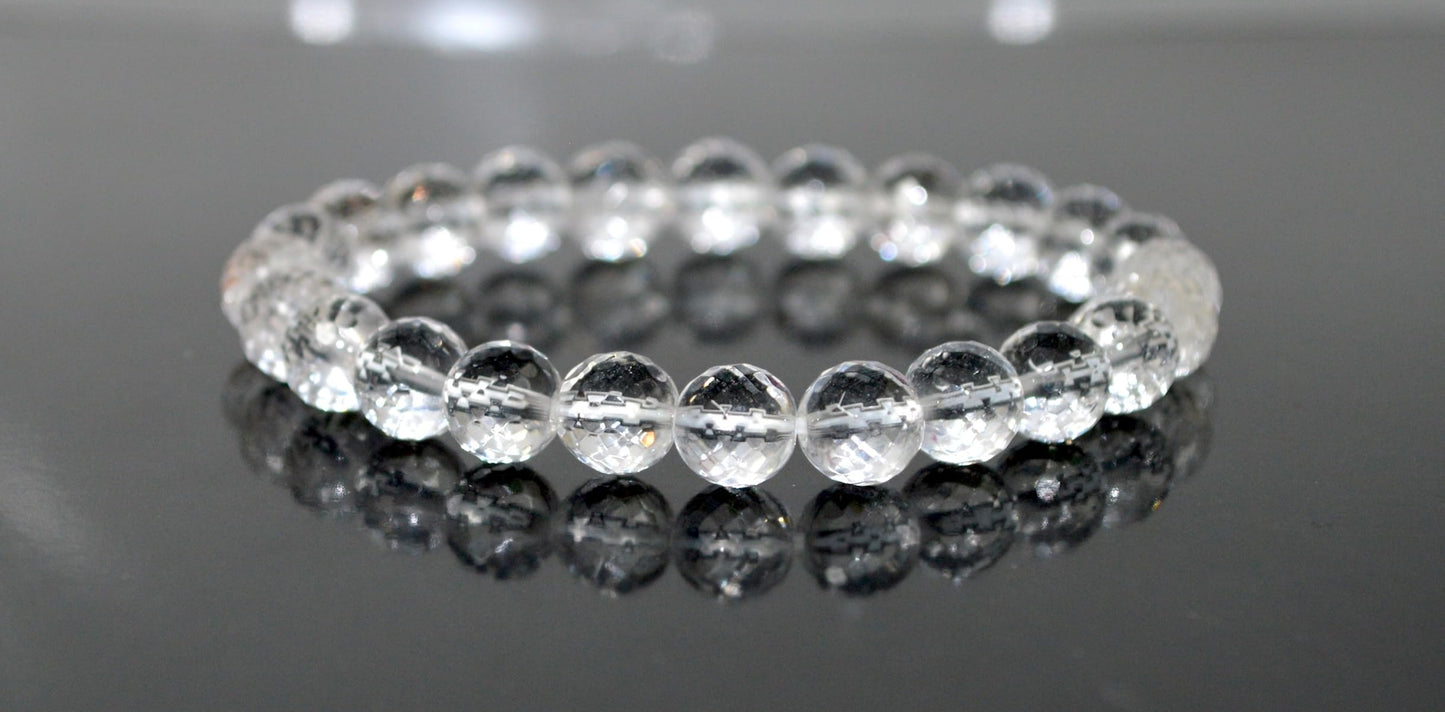 Diamond Cut Crystal Quartz Stretch Bracelet – 6mm & 8mm – April Birthstone for Aries and Taurus Zodiac Sun Sign – Crown Chakra Energy Bracelet