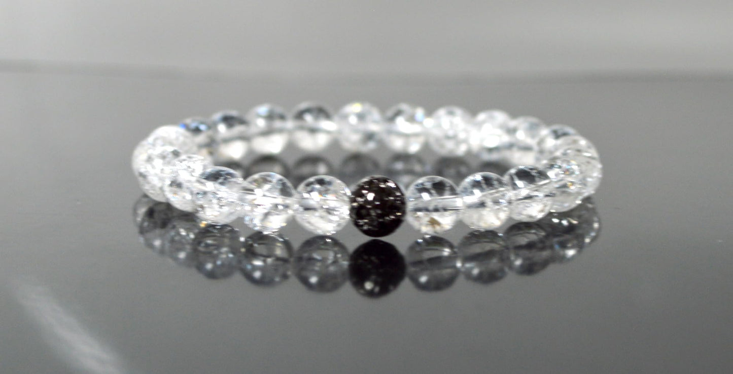 Himalayan Ice Crystal Quartz and Lava Beads Stretch Bracelet – Multi Tone Finish – Aries Birthstone – Universal Sun Sign - Crown Chakra Energy Bracelet