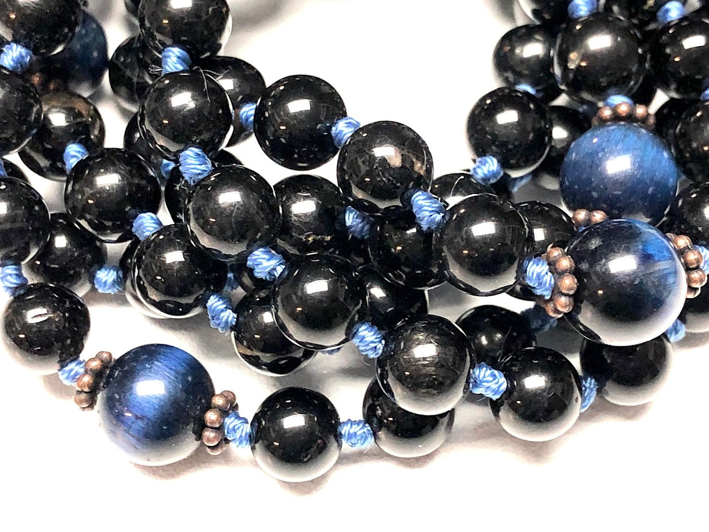 VESTA Black Tourmaline & Blue Tiger’s Eye Mala Necklace | 108 Beads for Grounding, Protection & Clear Communication | Root & Throat Chakra | Capricorn & Sagittarius Birthstone | Handmade in USA