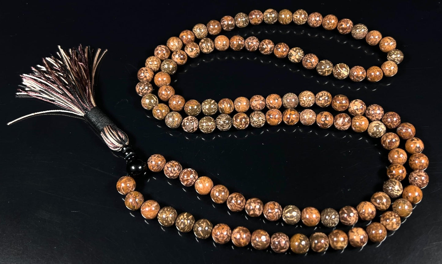 Handmade Natural Coquina Jasper Mala Beads Necklace – 8mm, 108 Beads – Root & Sacral Chakra, Aries & Scorpio Birthstone