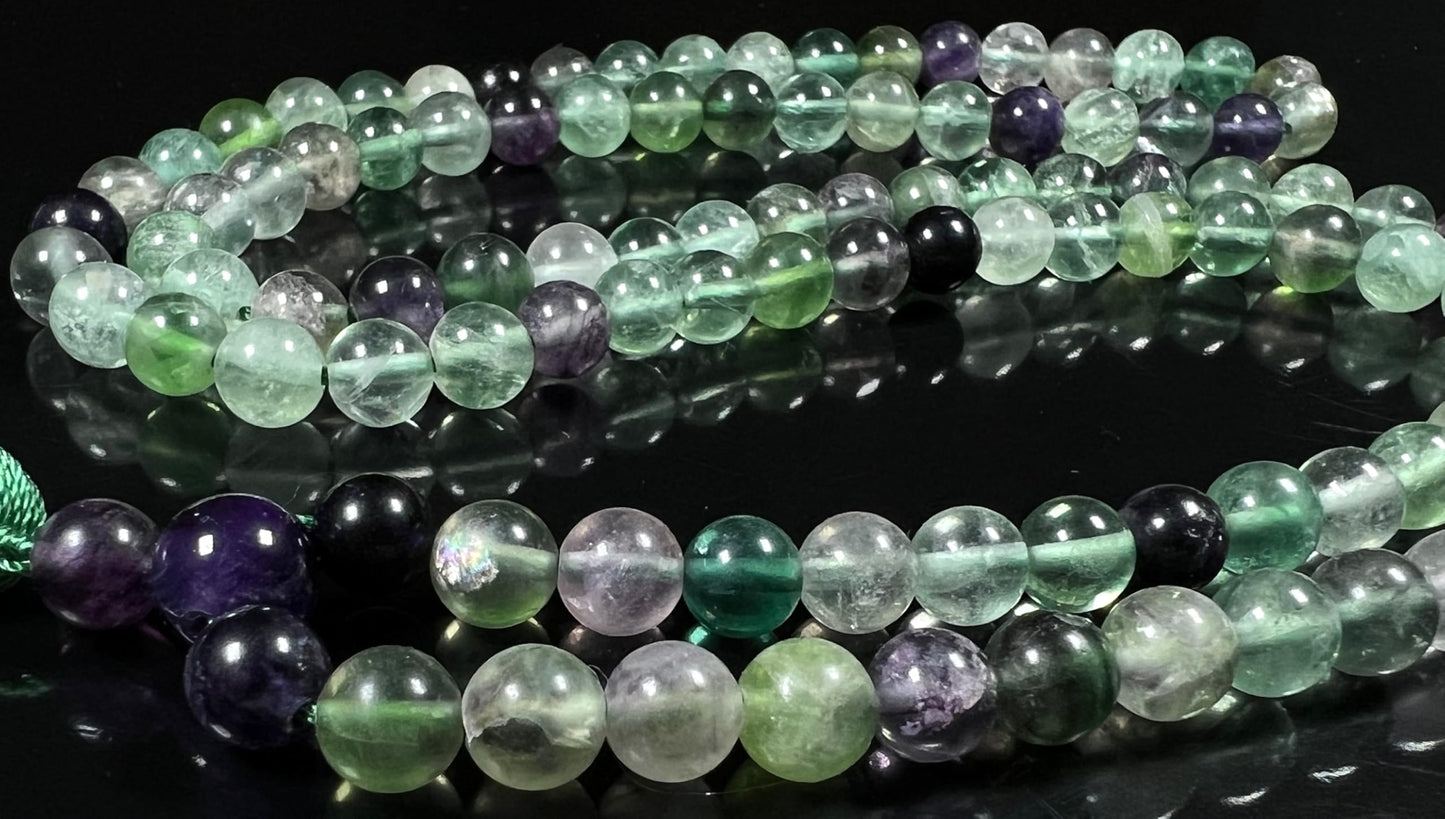 Handmade Rainbow Fluorite Mala Beads Necklace – 6mm & 8mm 108 Beads – Pisces Birthstone – Third Eye & Crown Chakra