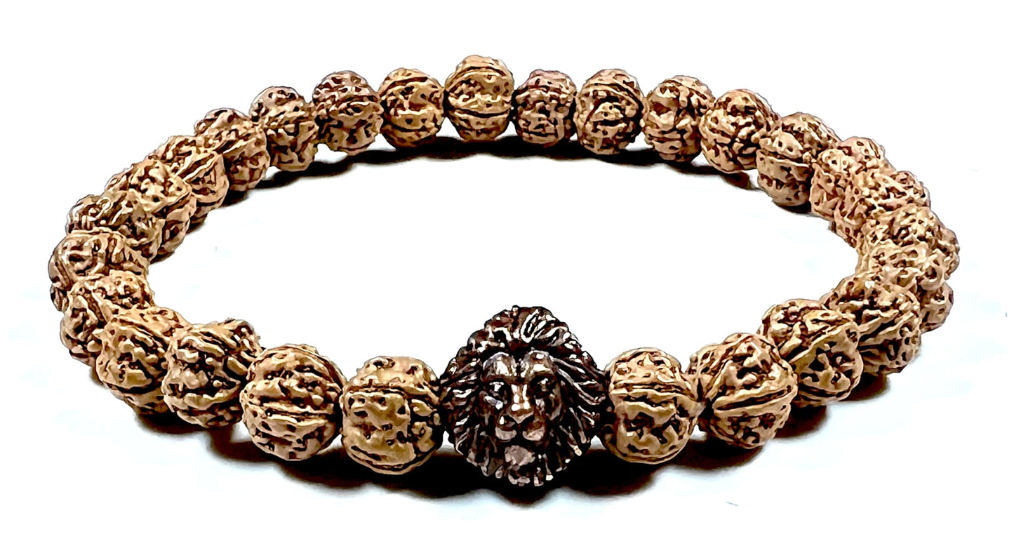 Unleash Inner Strength & Grounding: Handmade 5 Mukhi Rudraksha & Bronze Polished Lion Head Bracelet (8mm) - Root Chakra & Universal Birthstone