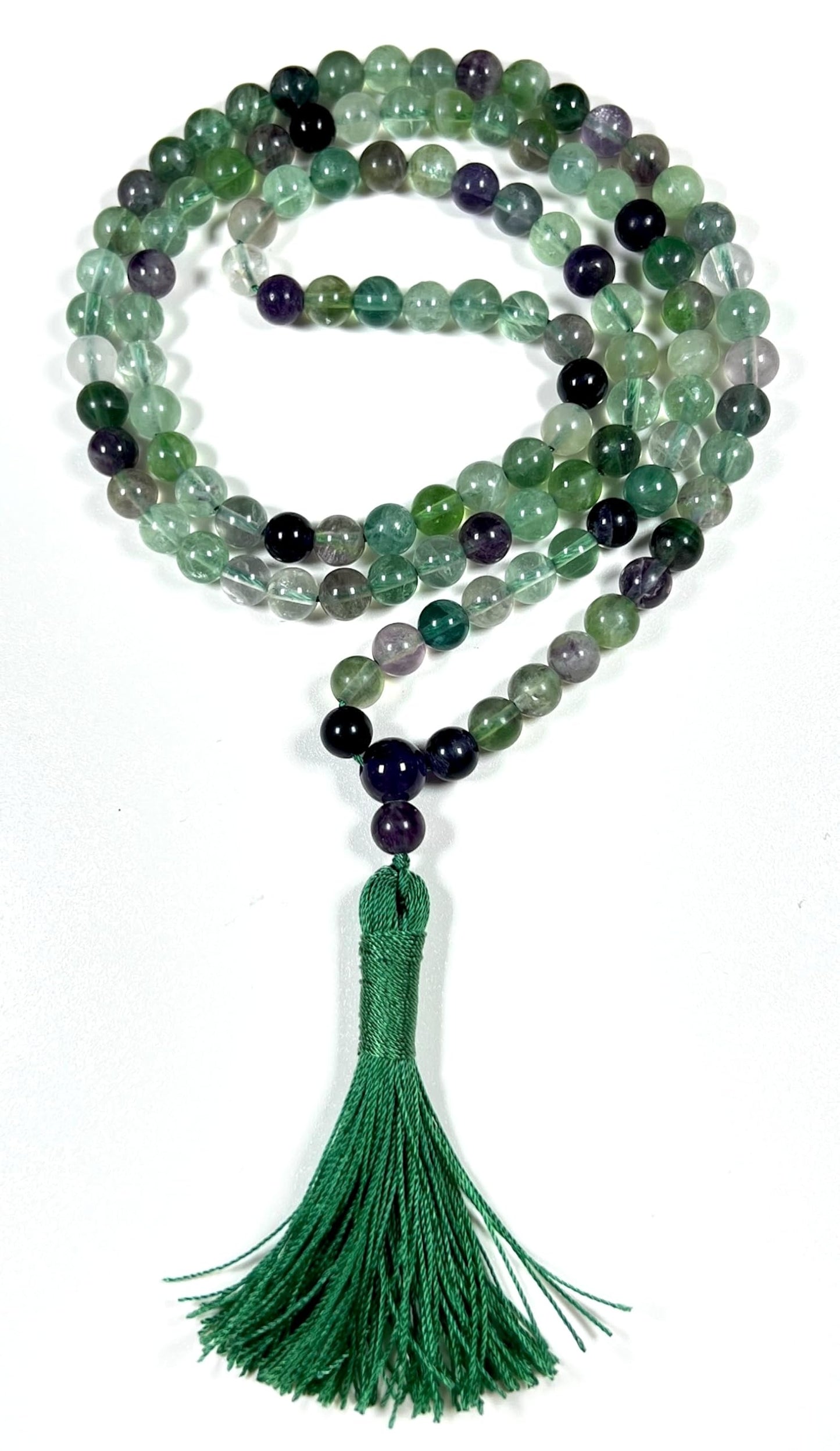 Handmade Rainbow Fluorite Mala Beads Necklace – 6mm & 8mm 108 Beads – Pisces Birthstone – Third Eye & Crown Chakra
