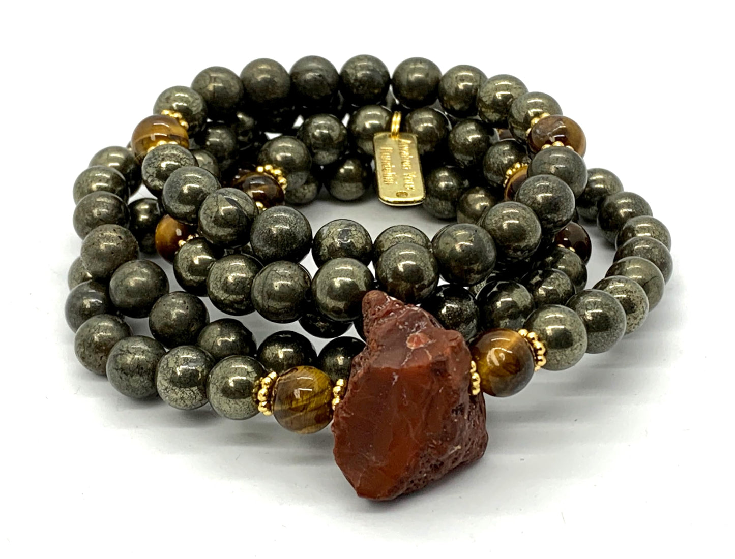 Stunning Pyrite Tiger's Eye Mala Beaded Necklace - Leo Virgo Birthstone for July August September - Sacral Solar Plexus Chakra Alignment