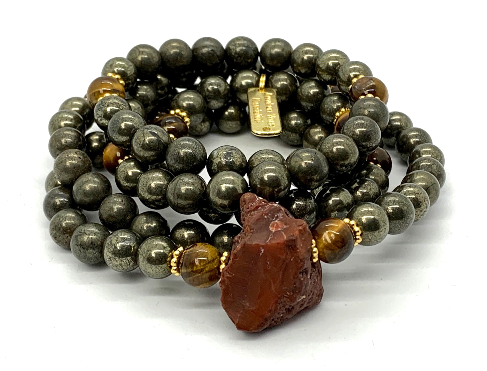 Carnelian Tiger's Eye Pyrite Mala Necklace Flat Lay 108 Beads Hand-Knotted HIRANYA Collection Solar Plexus Sacral Chakra Protection Abundance Healing Meditation Natural Stone Handmade USA AYK