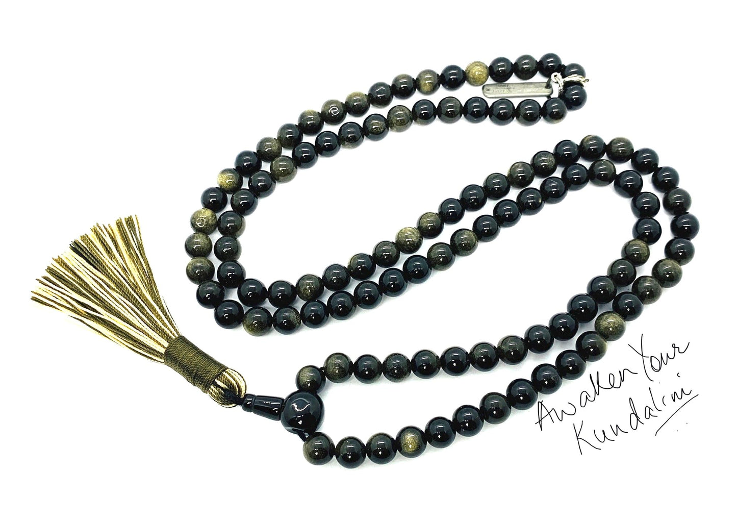 Golden Sheen Obsidian Mala Necklace - 8mm 108 Beads - Scorpio & Sagittarius Birthstone for October November December - Root & Solar Plexus Chakra