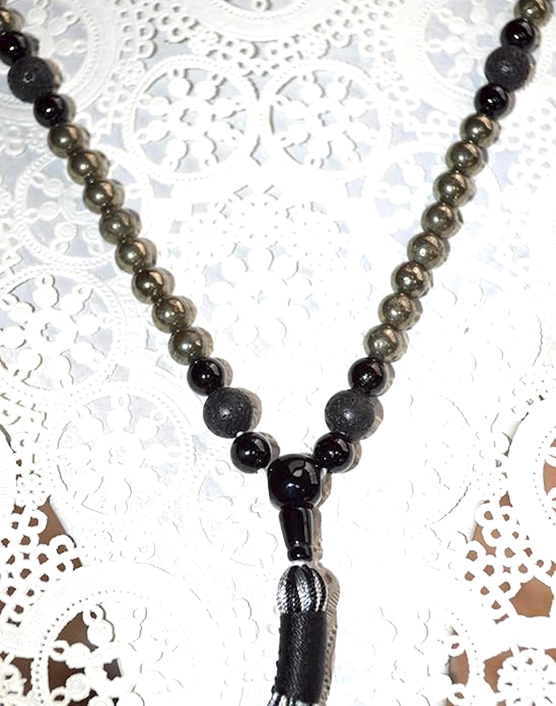 Pyrite Tourmaline Lava Mala Necklace Worn VULCAN Collection 108 Beads Protection Vitality Root Chakra Solar Plexus Grounding EMF Shield Spiritual Armor Meditation Jewelry Handmade USA Natural Stone AYK
