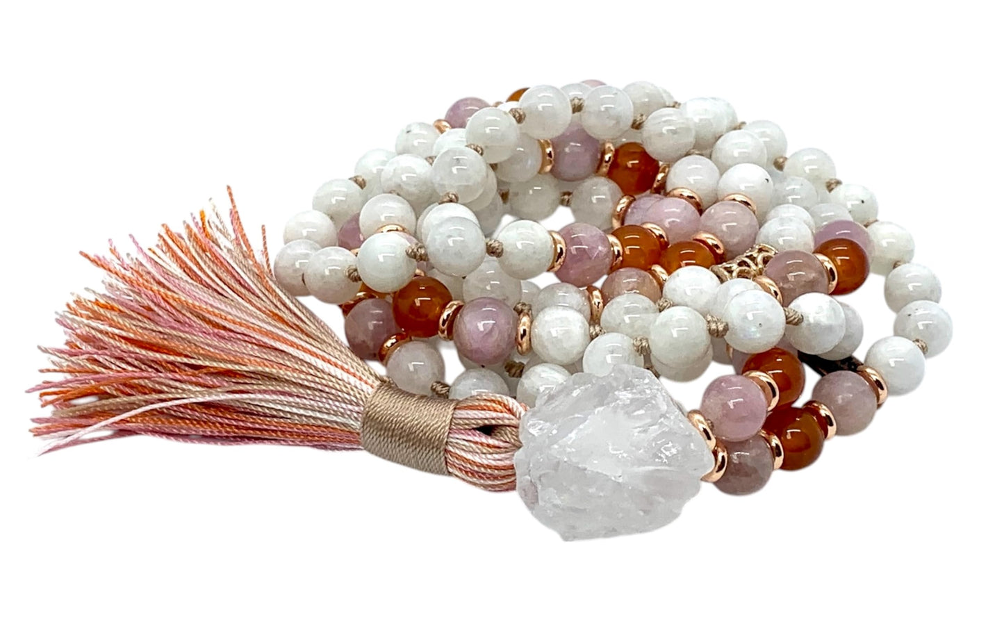 Lunessa Mala Necklace – Hand Knotted Moonstone, Kunzite & Carnelian with Raw Quartz Guru | 8mm 108 Beads | Crown-to-Sacral Chakra Alignment | June & July Birthstones | Ethically Sourced