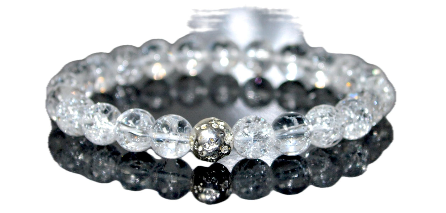 Himalayan Ice Crystal Quartz and Lava Beads Stretch Bracelet – Multi Tone Finish – Aries Birthstone – Universal Sun Sign - Crown Chakra Energy Bracelet