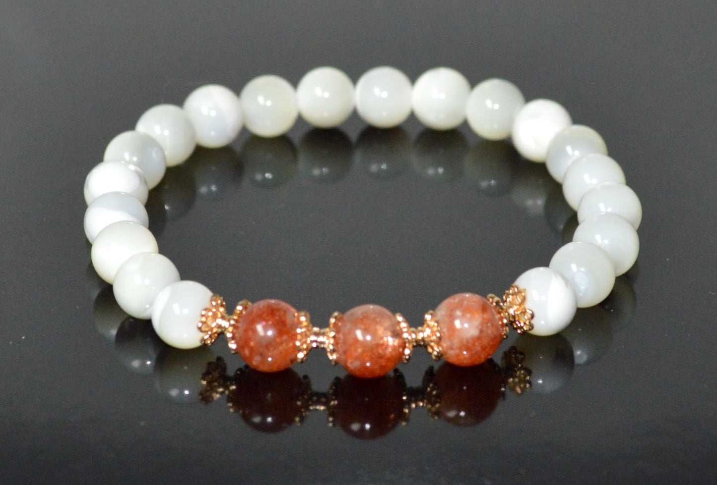 Mother of Pearl and AAAAA Grade Sunstone Beads Stretch Bracelet – Solar Plexus Chakra, Leo Birthstone